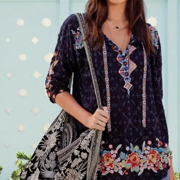 Johnny Was Embroidered Gina Long Sleeve Blouse Tunic Black M - Picture 4 of 15
